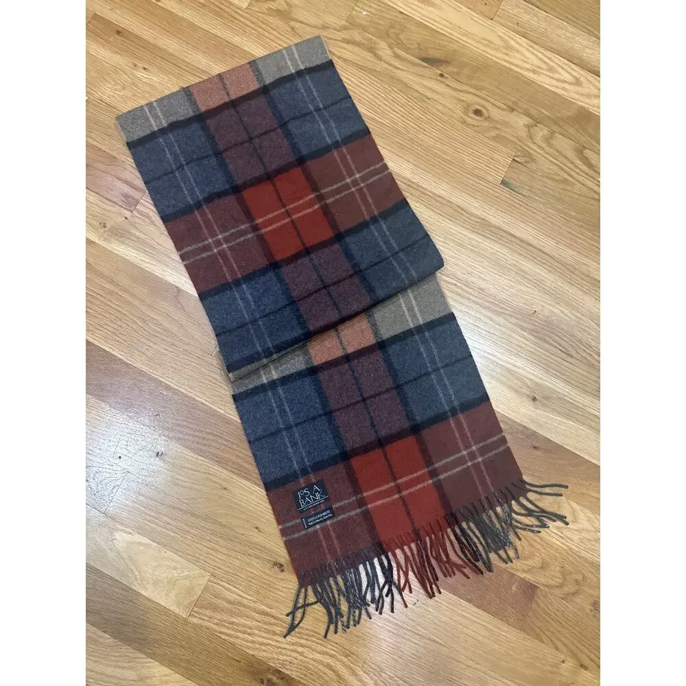 Jos. A Bank Cashmere Fringe Scarf Soft and Luxurious Rust Gray Tan Preppy 59x12